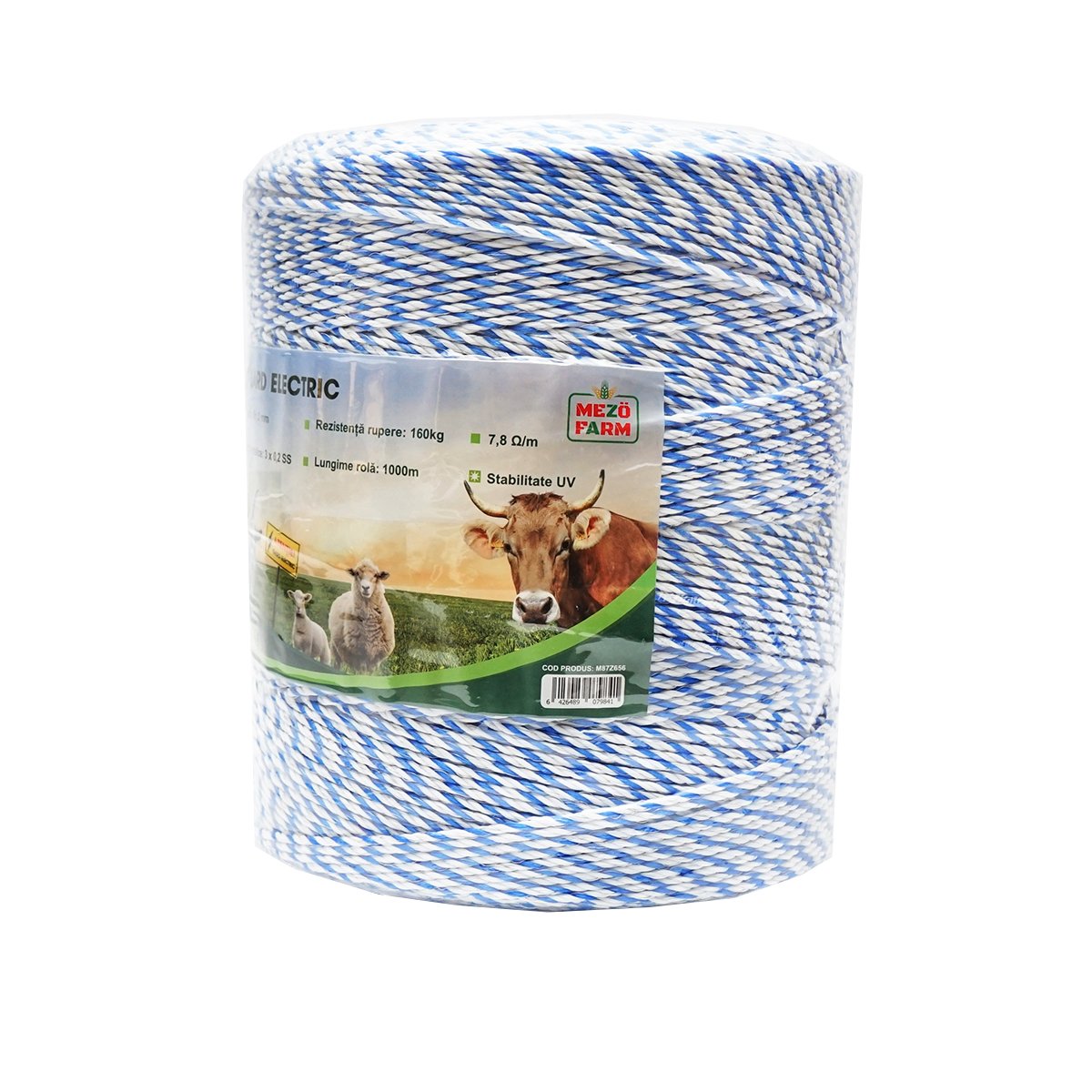 Rola fir alb-albastru 3mm insertie metalica 3x0.2mm SS, rezistenta 7.8 Ohm/m, 1000m gard electric Mezofarm